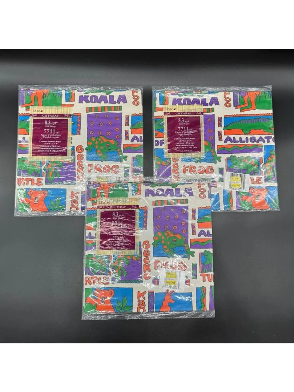 Vintage Gift Wrapping Paper Jungle Animals Neon USA Frog Alligator Koala 1990s